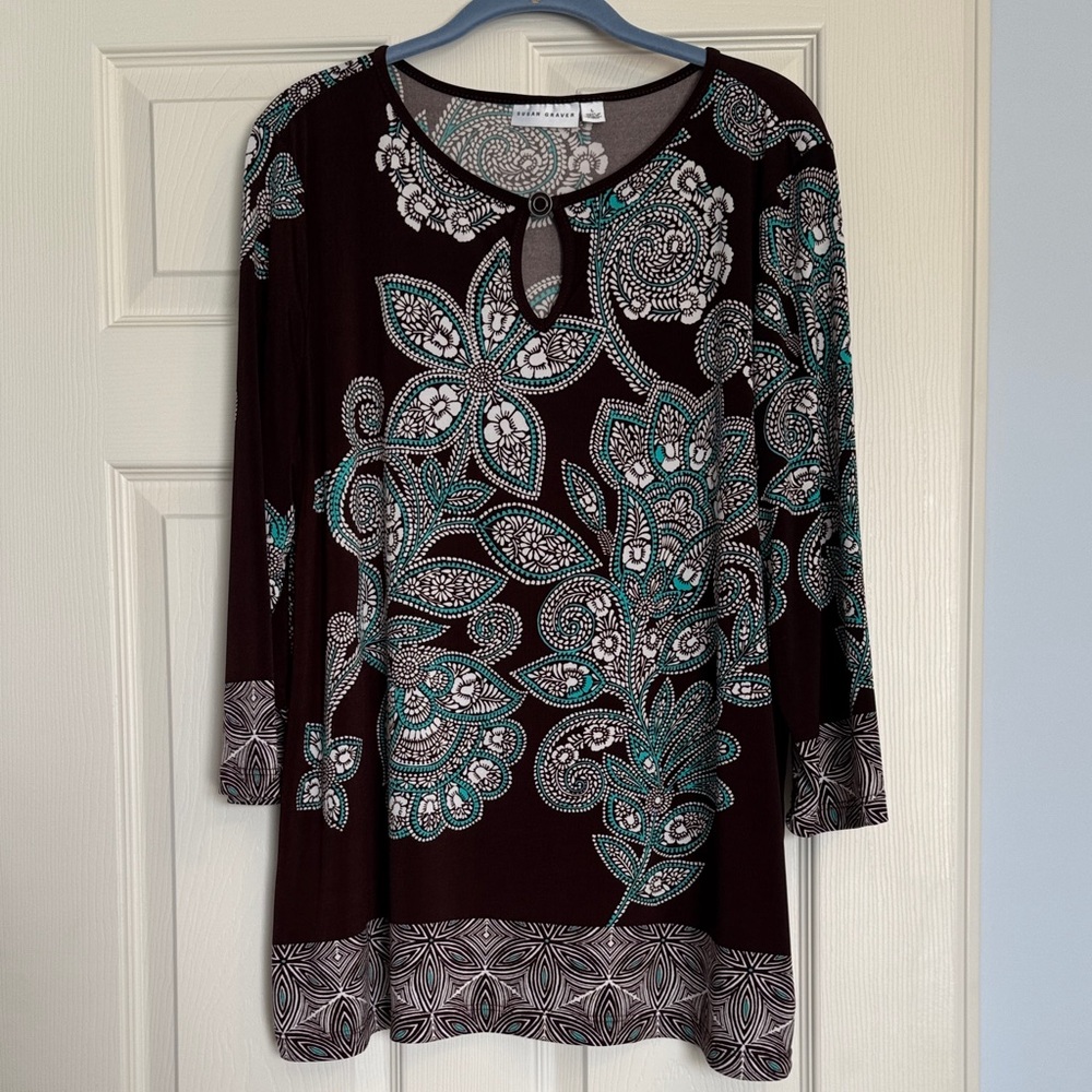 Susan Graver Brown Floral Paisley Keyhole Long Sleeve Tunic with Teal Accents